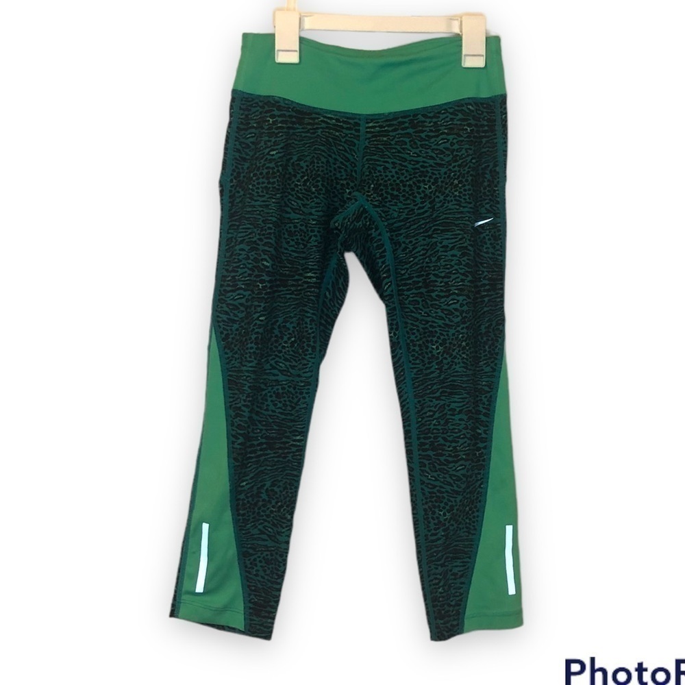 NIKE Womens Dri Fit Running Mint/Turquoise Animal Print Capri Leggings Size XS